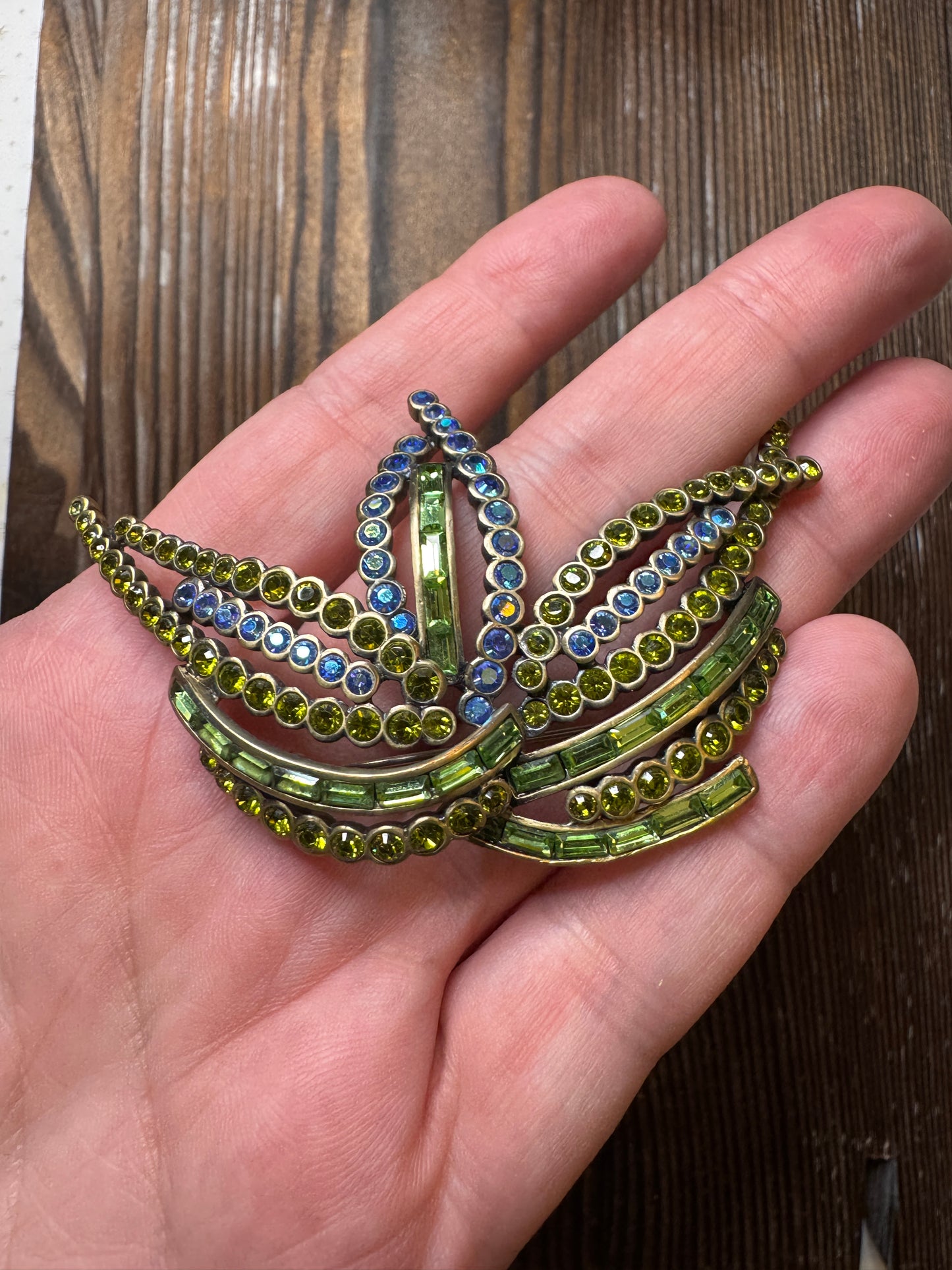 Vintage Butler Green Blue Rhinestone Crown Brooch Pin Statement