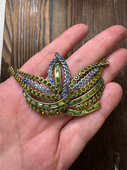 Vintage Butler Green Blue Rhinestone Crown Brooch Pin Statement