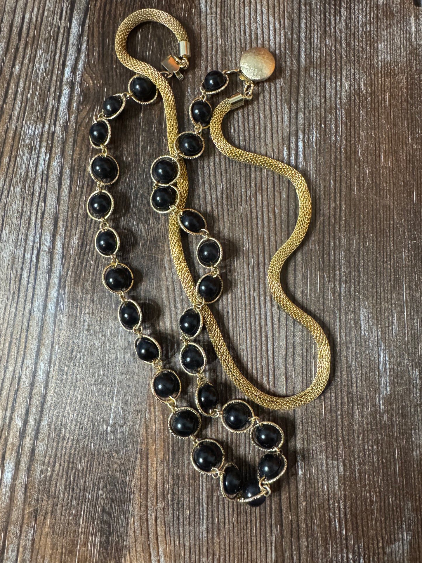 Vintage 50s 60s Necklace Double Strand Black Beaded Mesh