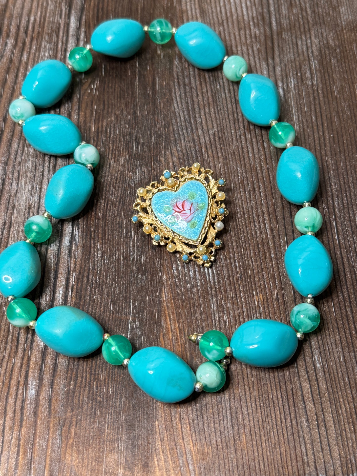 Vintage Turquoise Beaded Necklace & Heart Brooch by ART