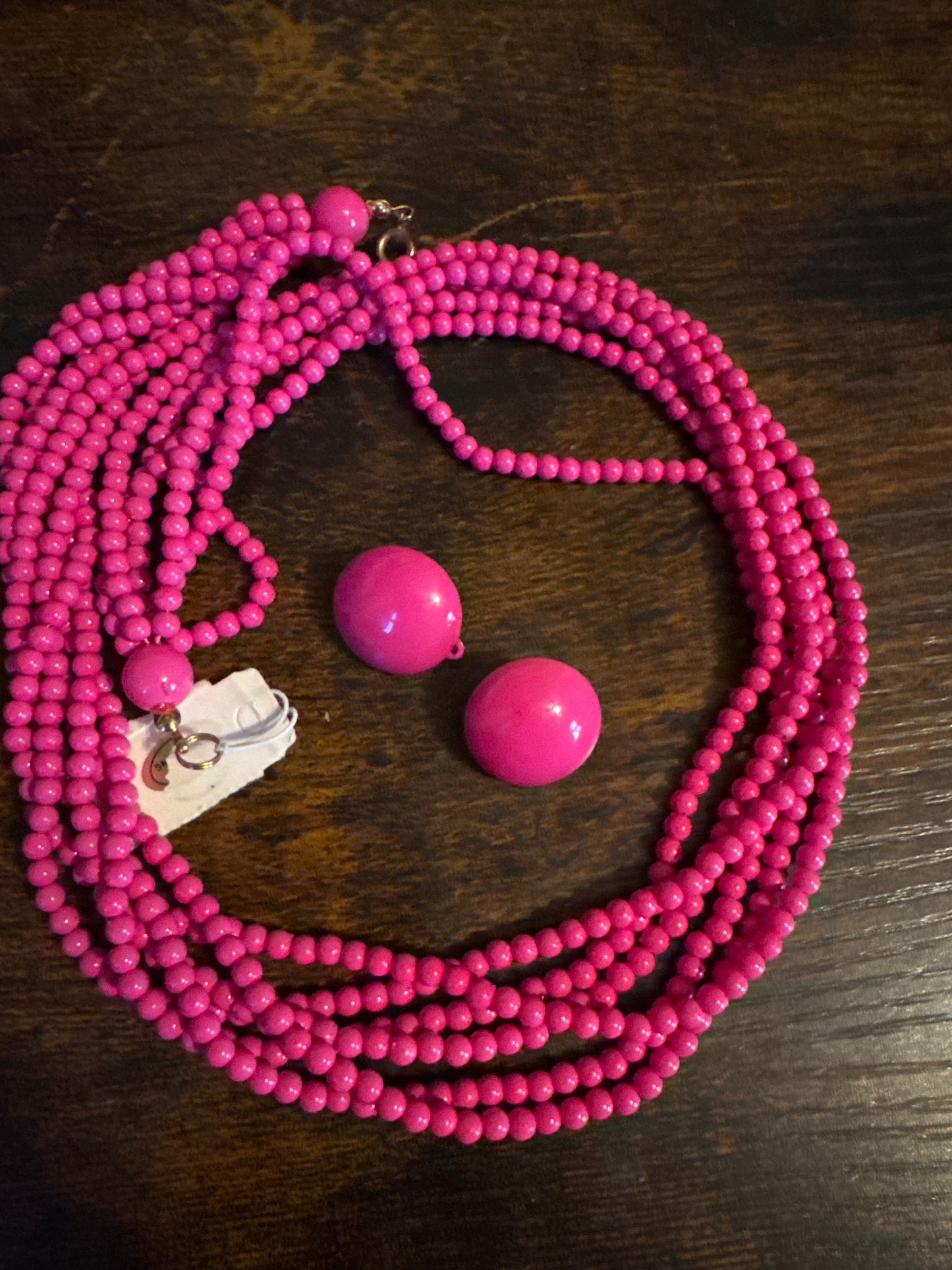 Hot Pink Multi-Strand Plastic Bead Necklace with Matching Clip Earrings