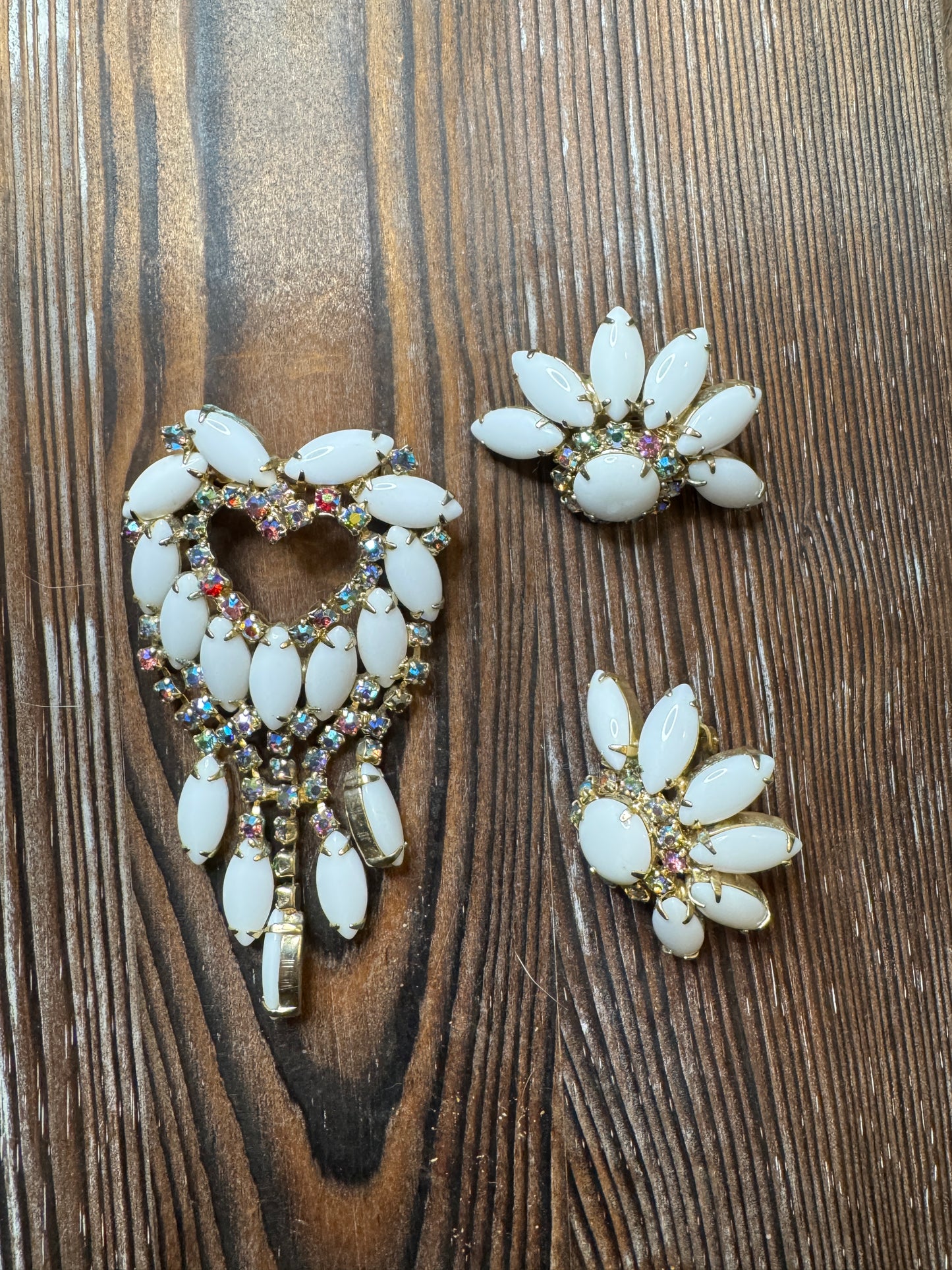 Vintage White Milk Glass AB Rhinestone Flower Brooch Earrings Set