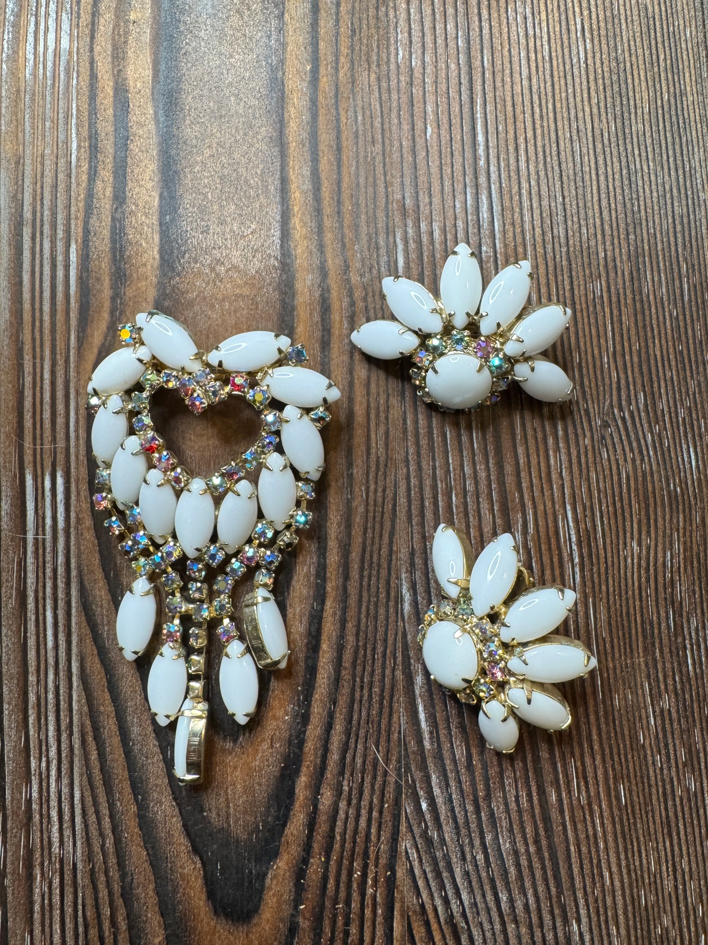 Vintage White Milk Glass AB Rhinestone Flower Brooch Earrings Set