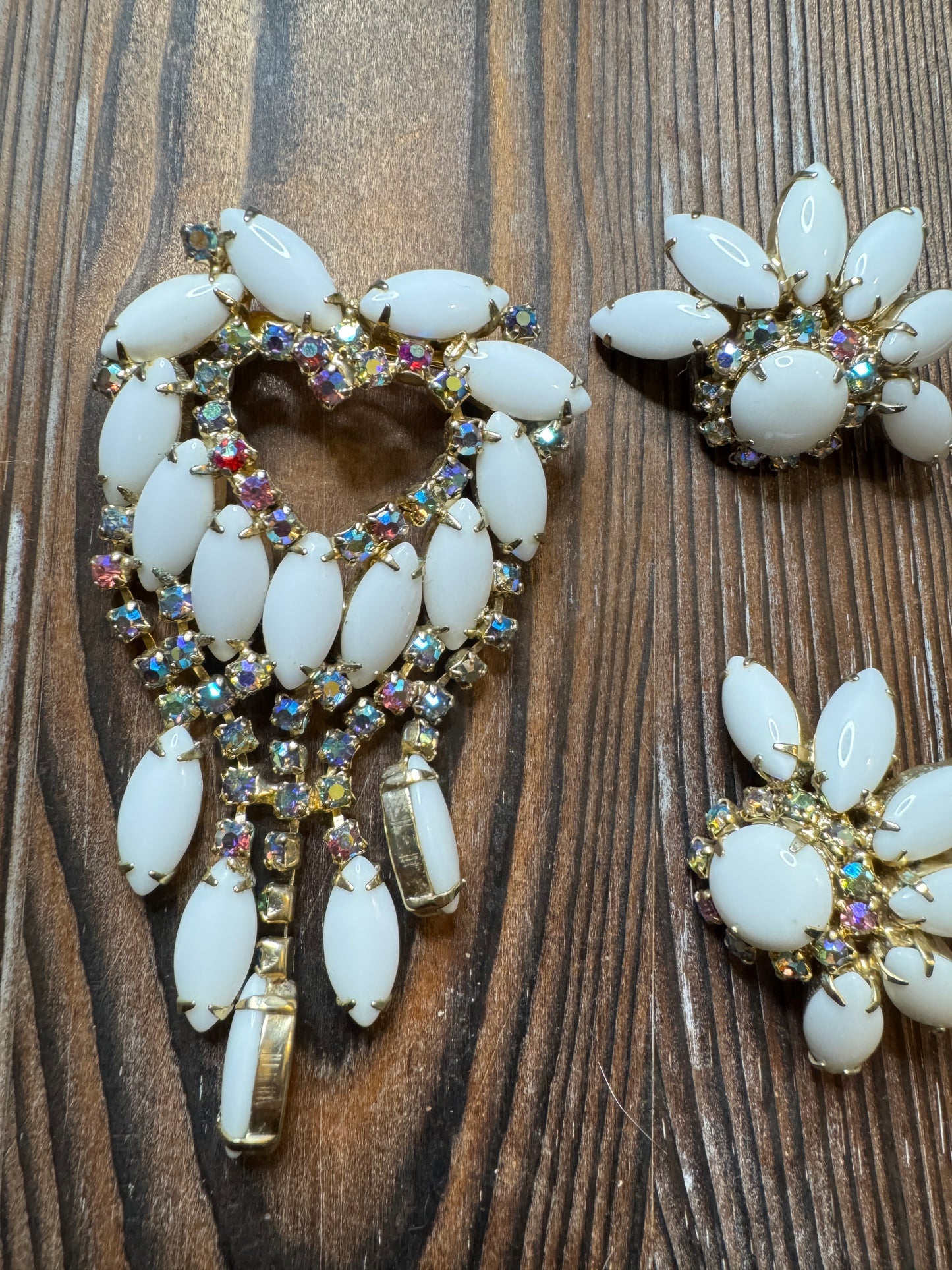 Vintage White Milk Glass AB Rhinestone Flower Brooch Earrings Set