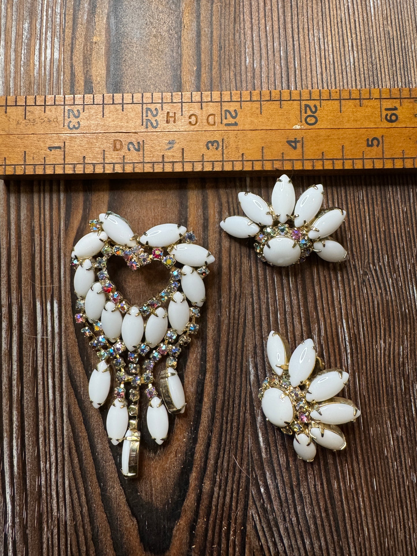 Vintage White Milk Glass AB Rhinestone Flower Brooch Earrings Set