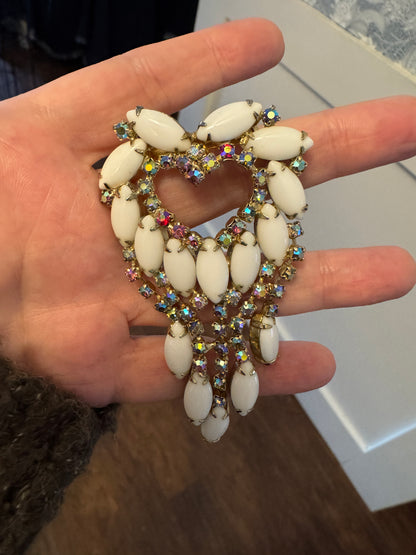 Vintage White Milk Glass AB Rhinestone Flower Brooch Earrings Set