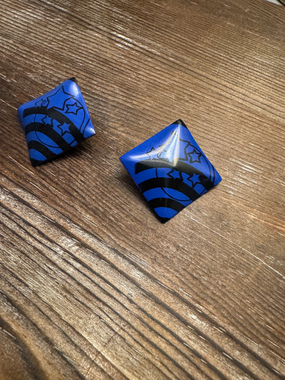Vintage 1980s Blue & Black Square Earrings w Stars