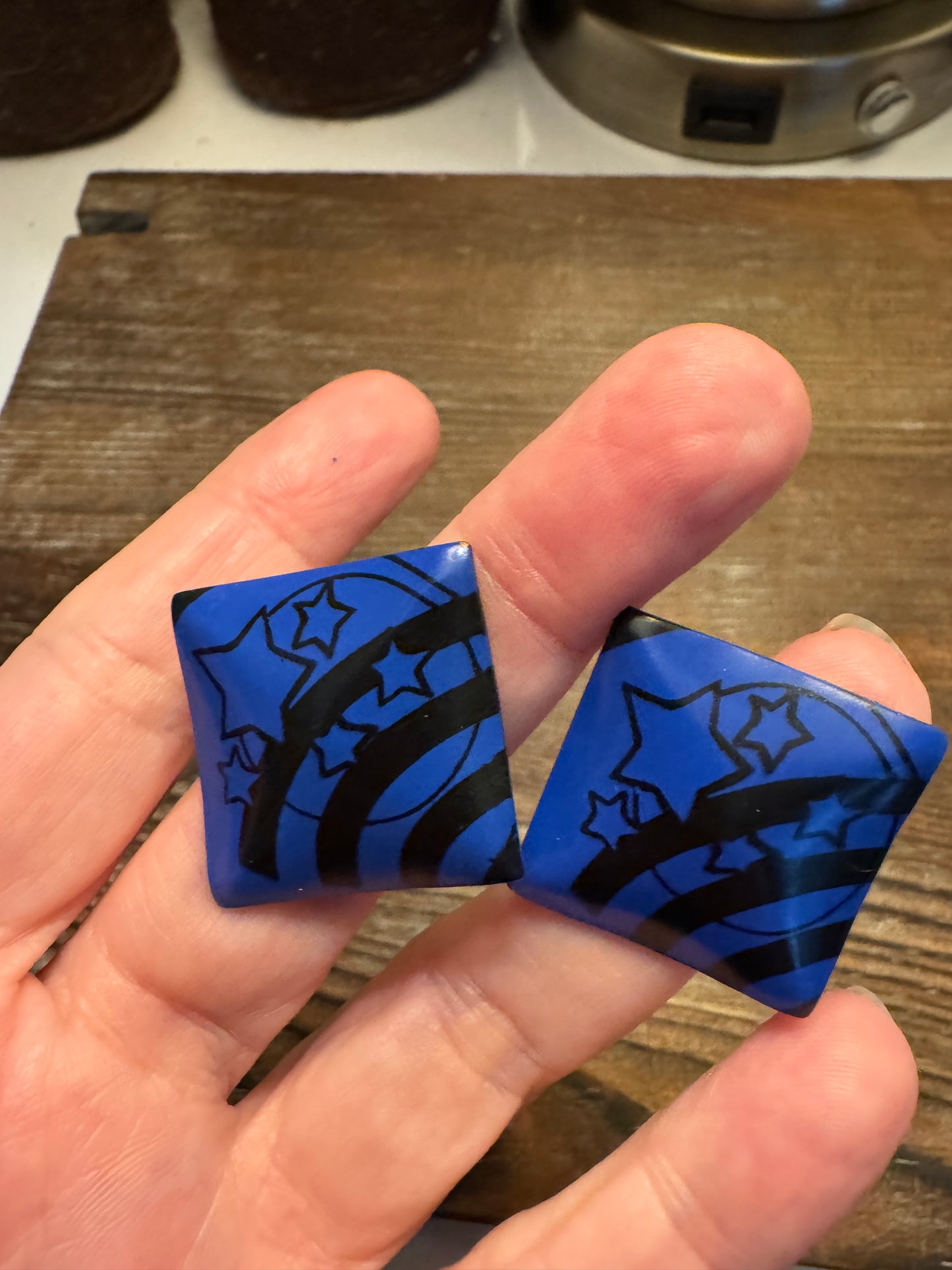 Vintage 1980s Blue & Black Square Earrings w Stars