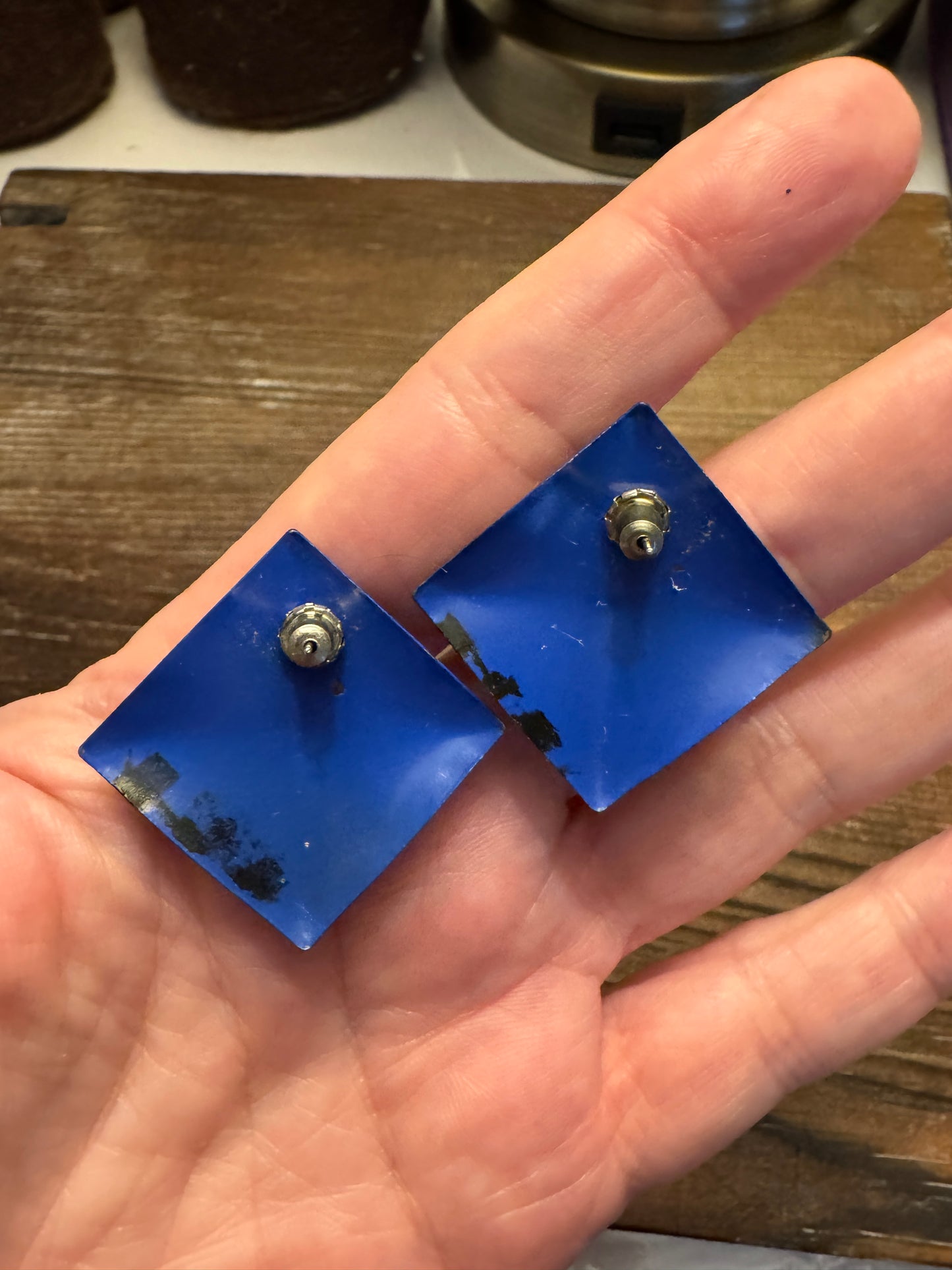 Vintage 1980s Blue & Black Square Earrings w Stars