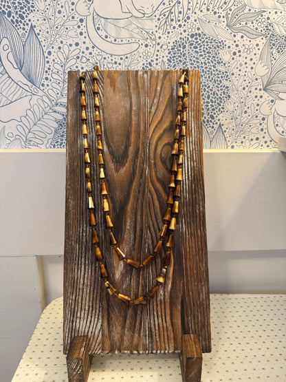 Vintage Brown Glass/Shell Bead Necklace Long Graduated Boho