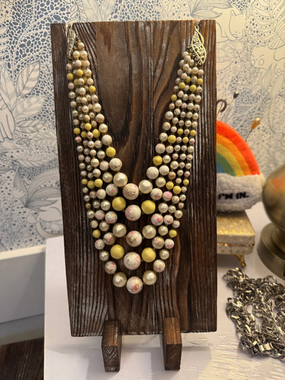 Vintage Multi Strand Pearl Bead Necklace Cream Yellow Pink 5 Strand
