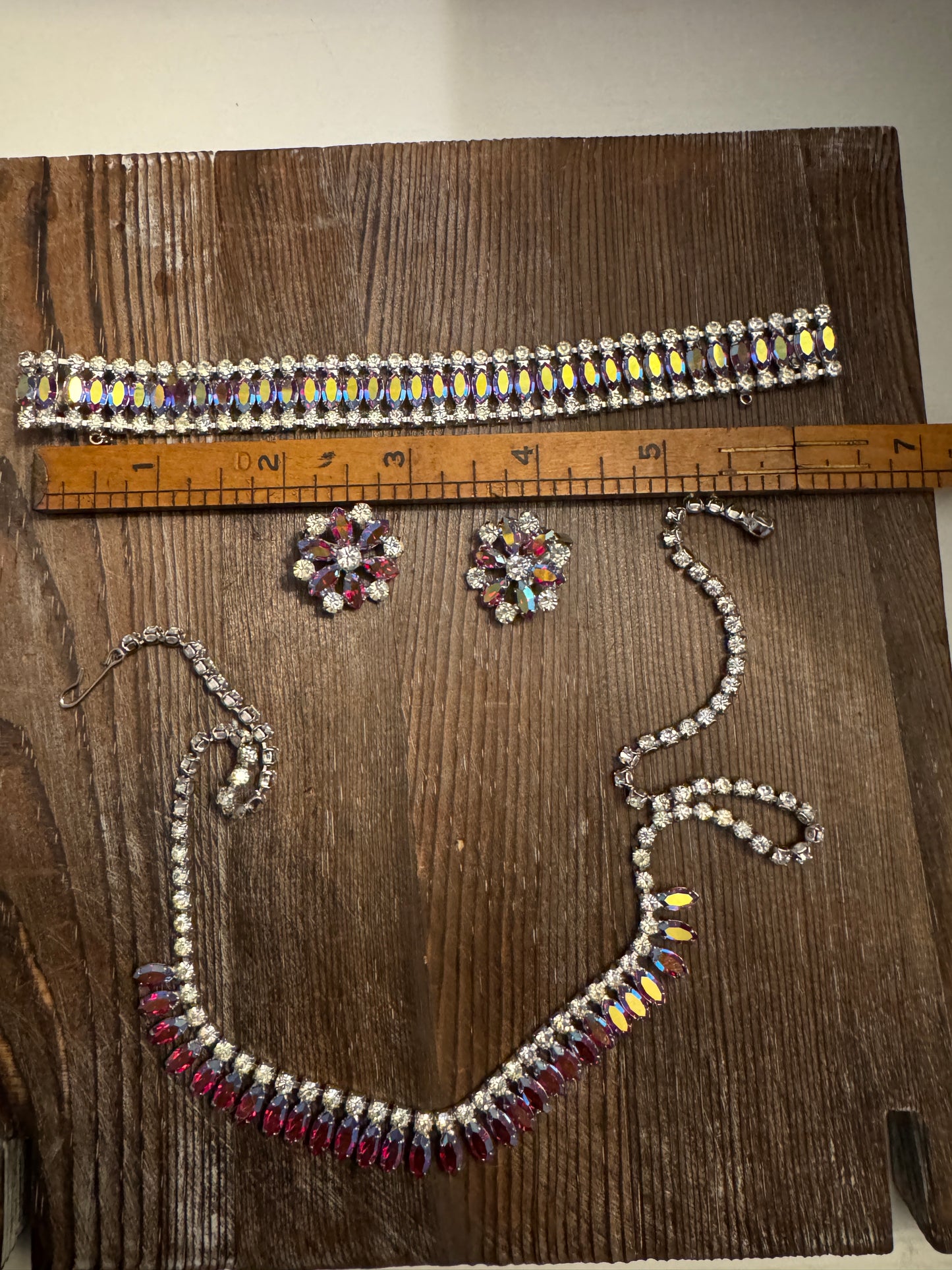 Vintage B David Rhinestone Necklace Bracelet Earrings Set - 1950s Ruby Red AB Crystal Parure