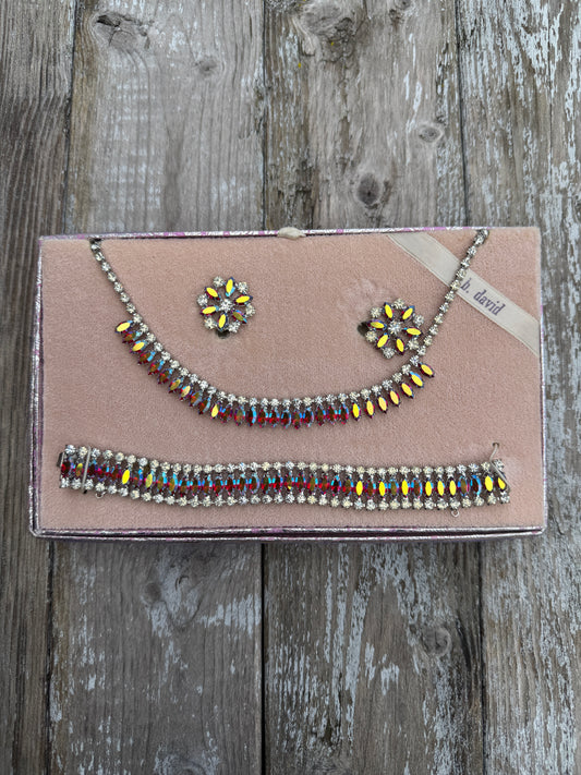 Vintage B David Rhinestone Necklace Bracelet Earrings Set - 1950s Ruby Red AB Crystal Parure