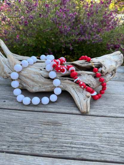 Playful Vintage Coordinated Beaded Necklace Set in Red & White