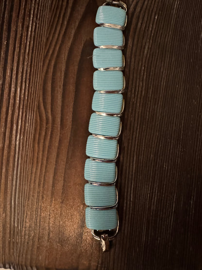 1960s Lisner Aqua Ribbed Vintage Bracelet with Silver Accents