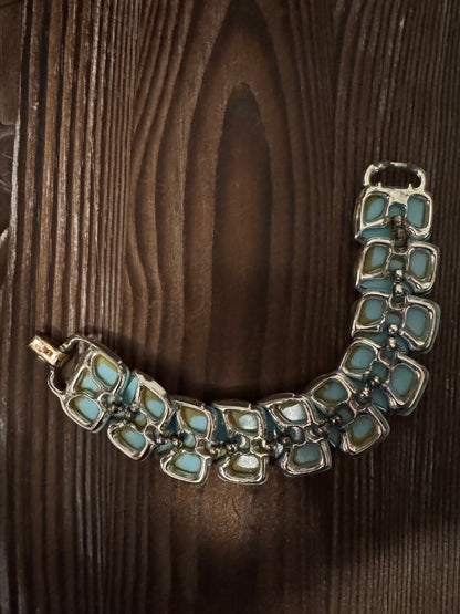 1960s Lisner Aqua Ribbed Vintage Bracelet with Silver Accents