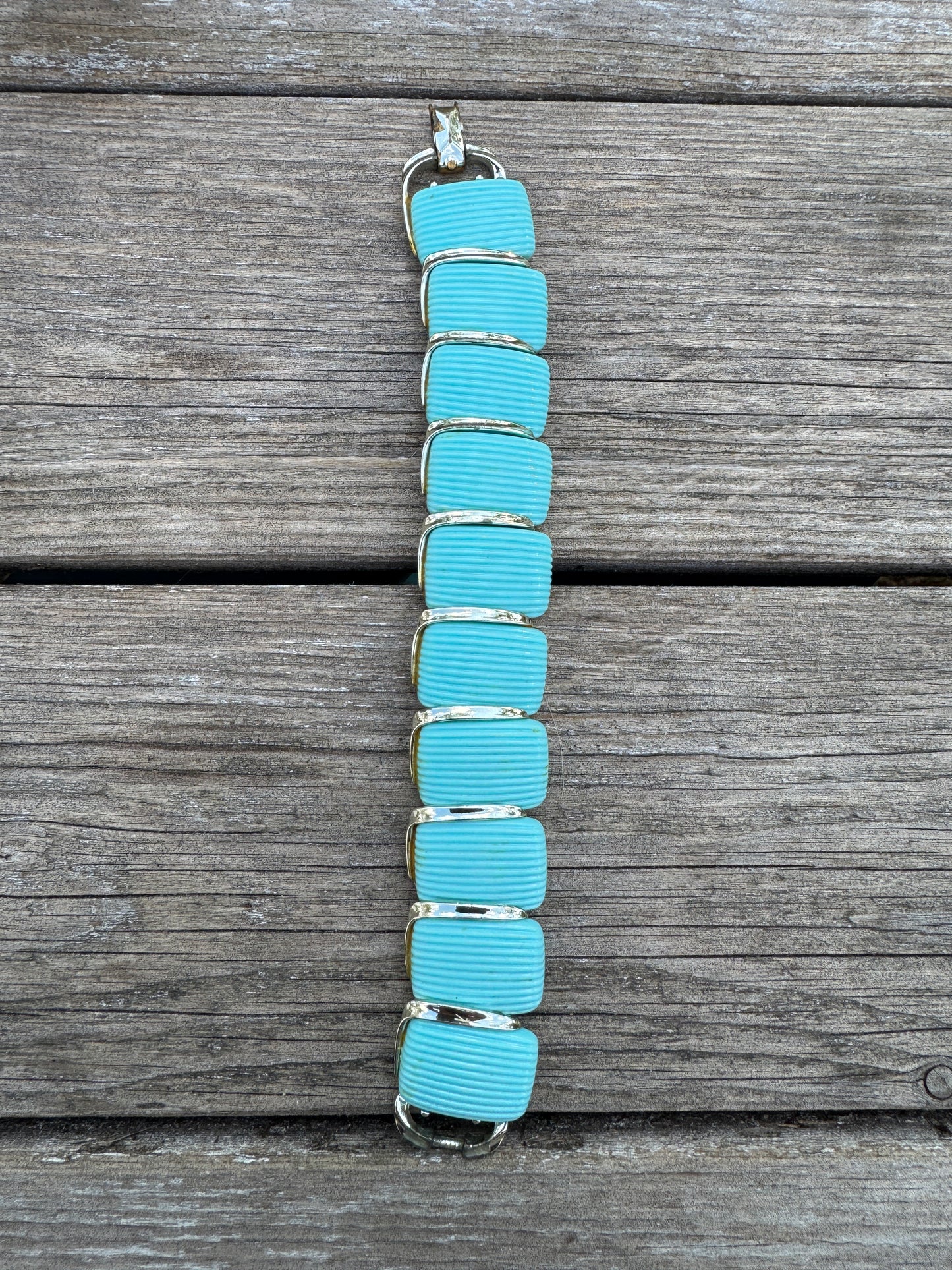 1960s Lisner Aqua Ribbed Vintage Bracelet with Silver Accents