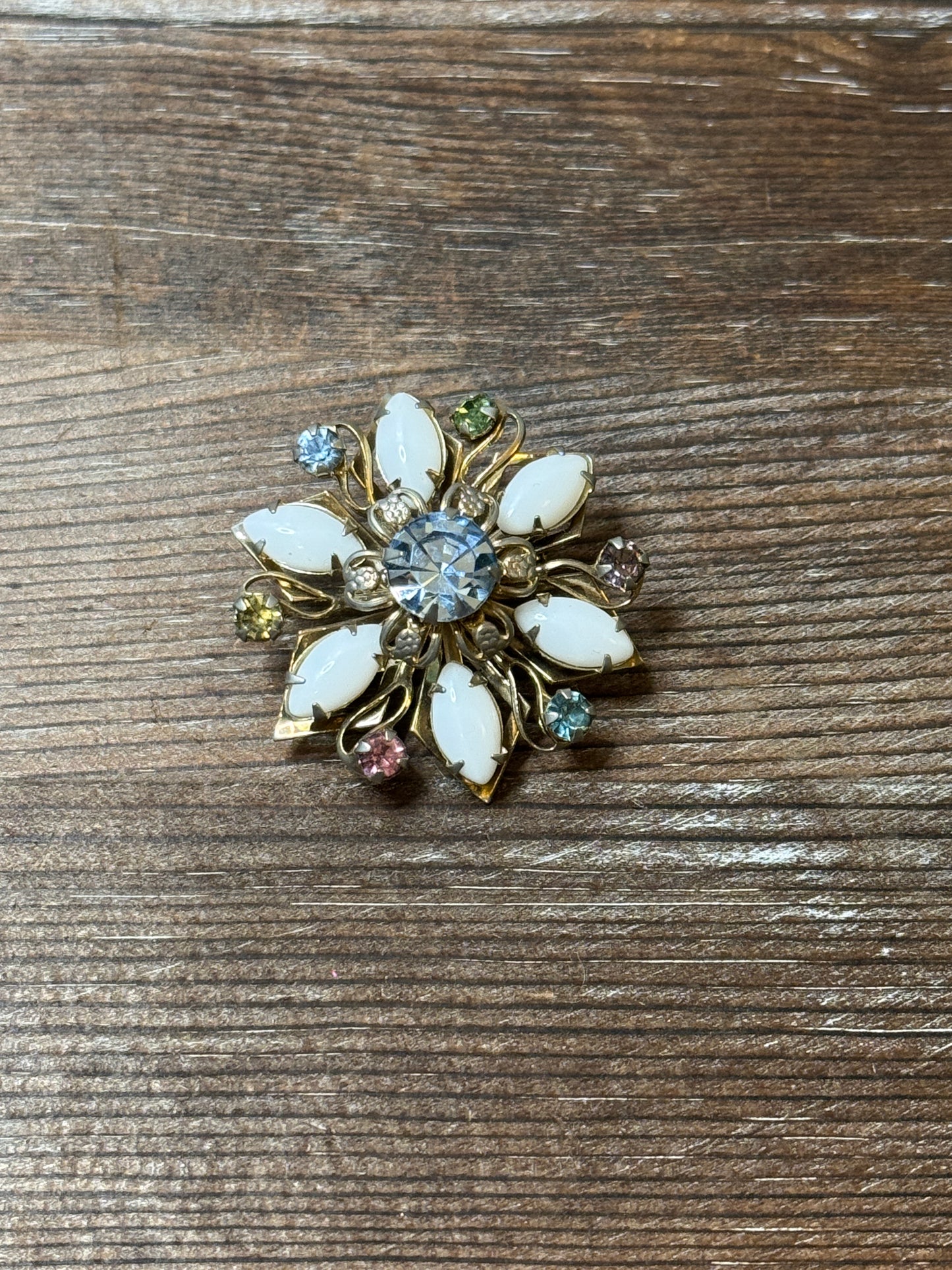 Vintage Lucite Floral Brooch with Multicolor Rhinestones