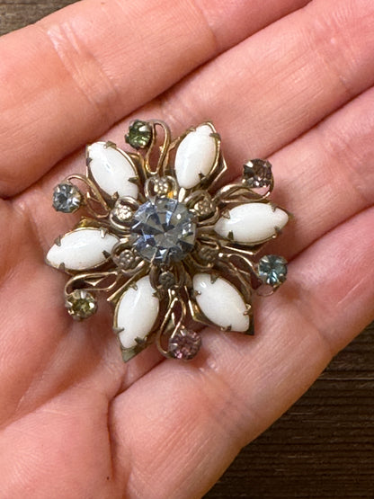 Vintage Lucite Floral Brooch with Multicolor Rhinestones