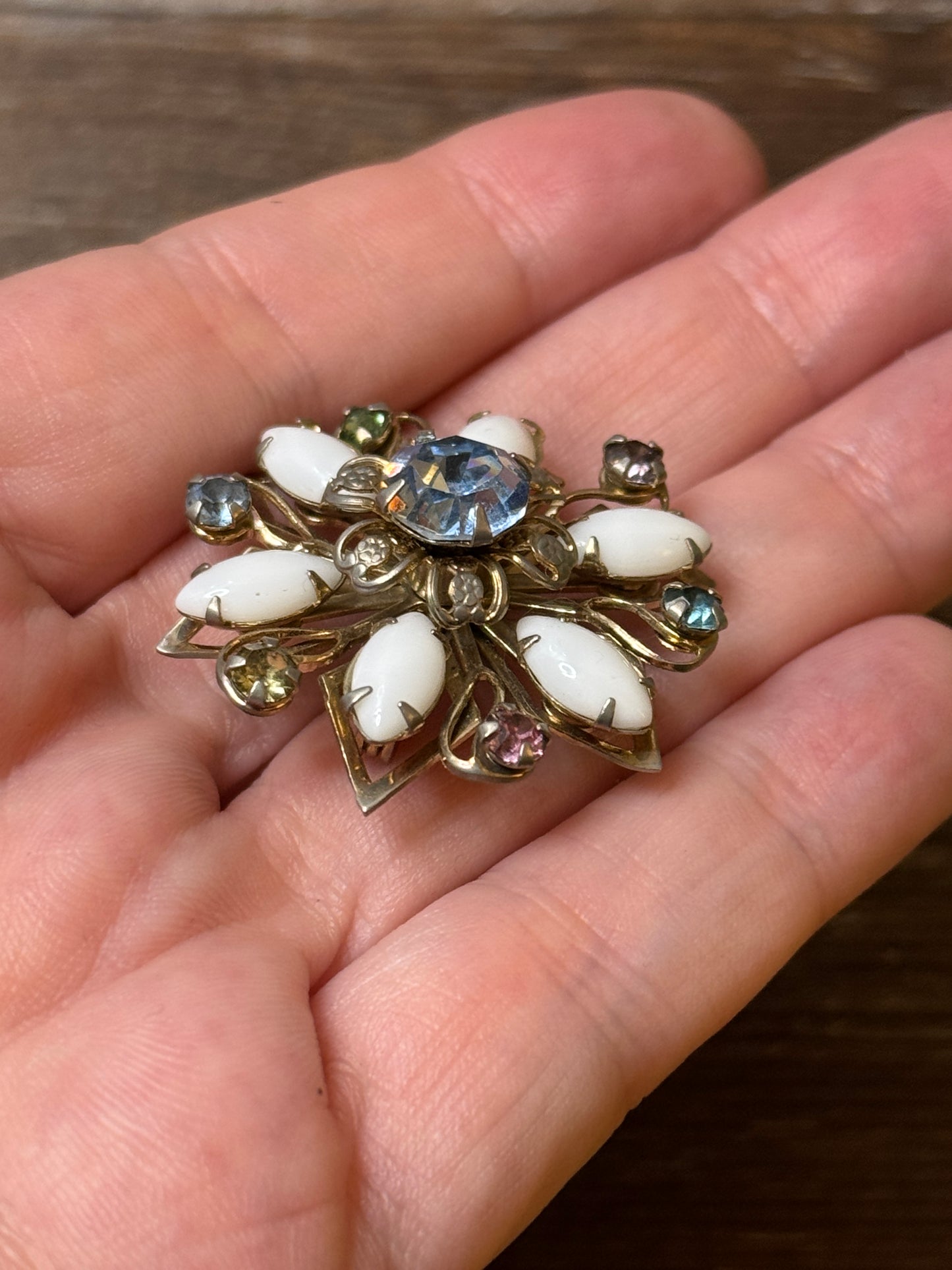Vintage Lucite Floral Brooch with Multicolor Rhinestones