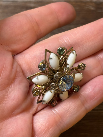 Vintage Lucite Floral Brooch with Multicolor Rhinestones
