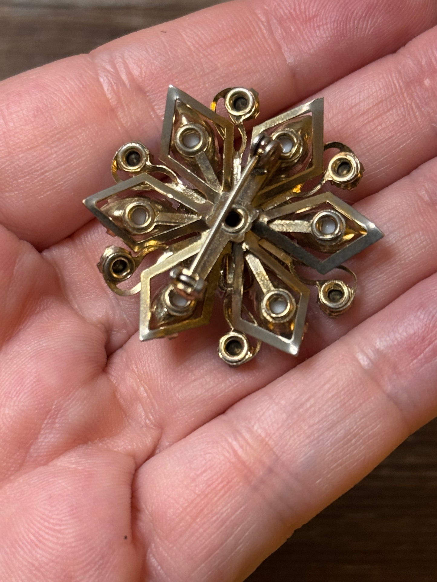 Vintage Lucite Floral Brooch with Multicolor Rhinestones