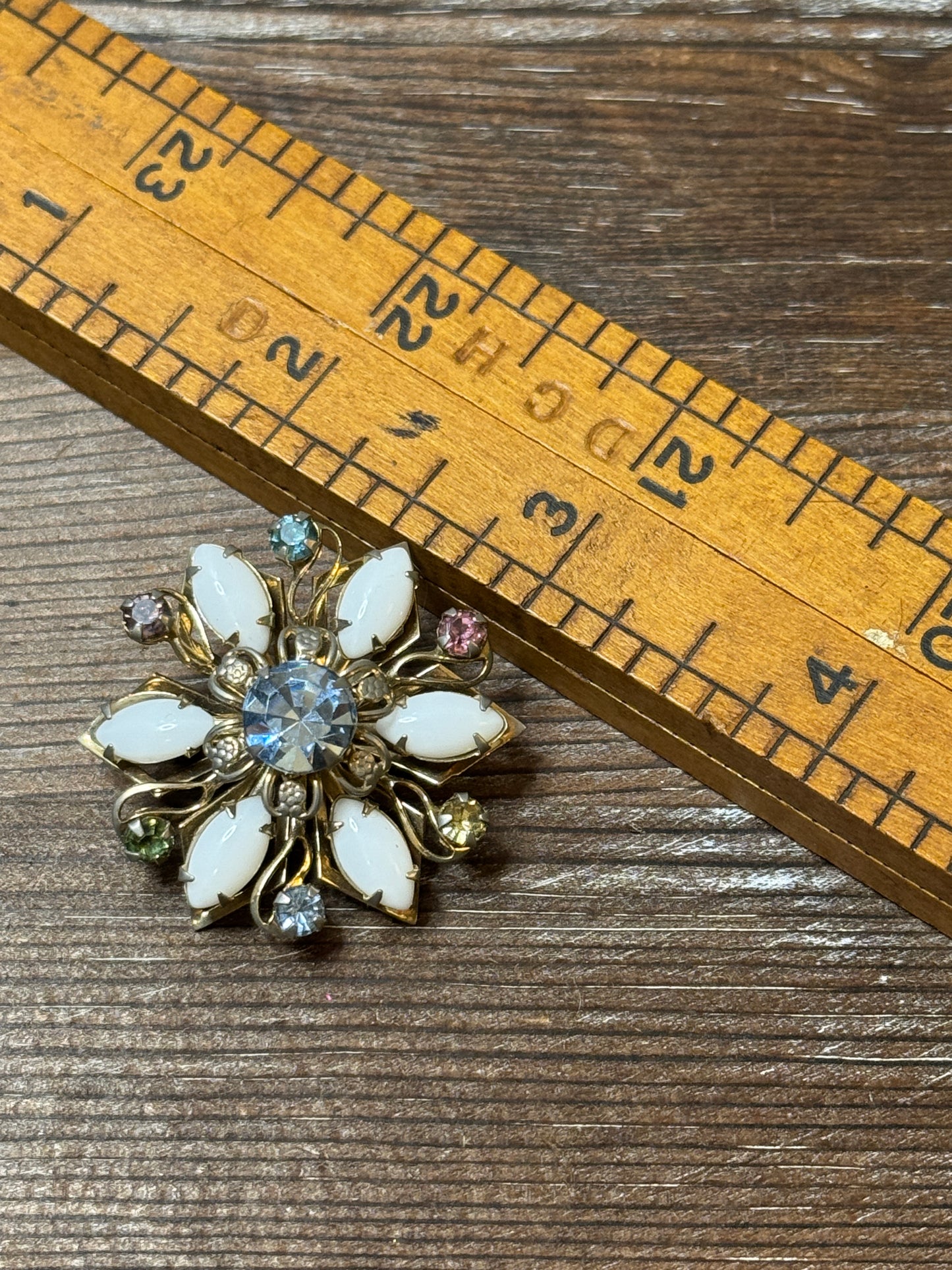 Vintage Lucite Floral Brooch with Multicolor Rhinestones