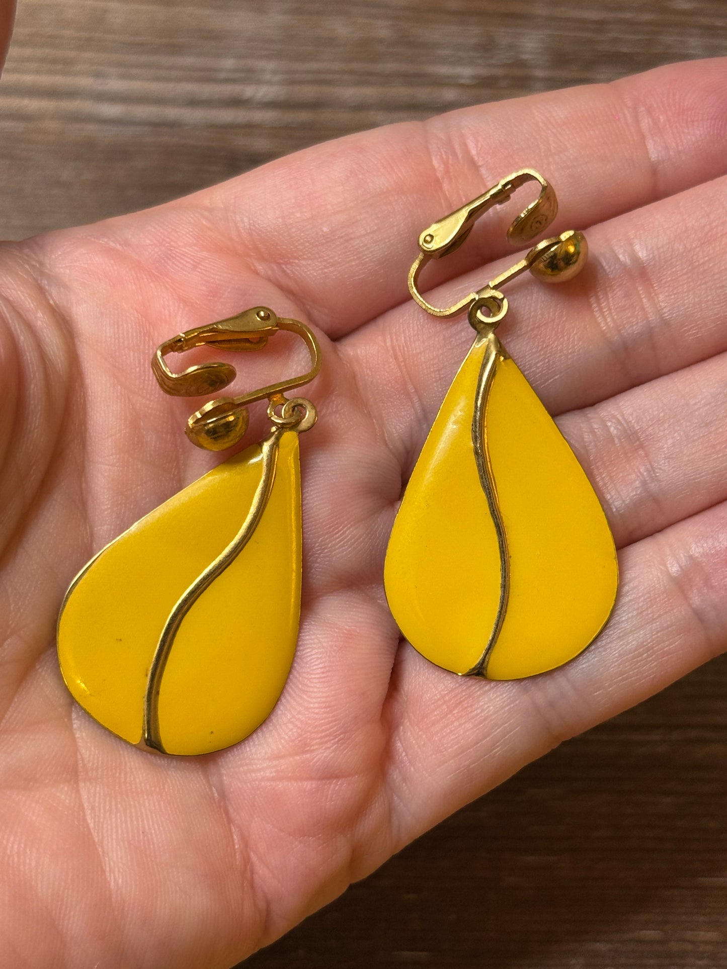 Vintage Enamel & Brass Clip Earrings in Bright Yellow