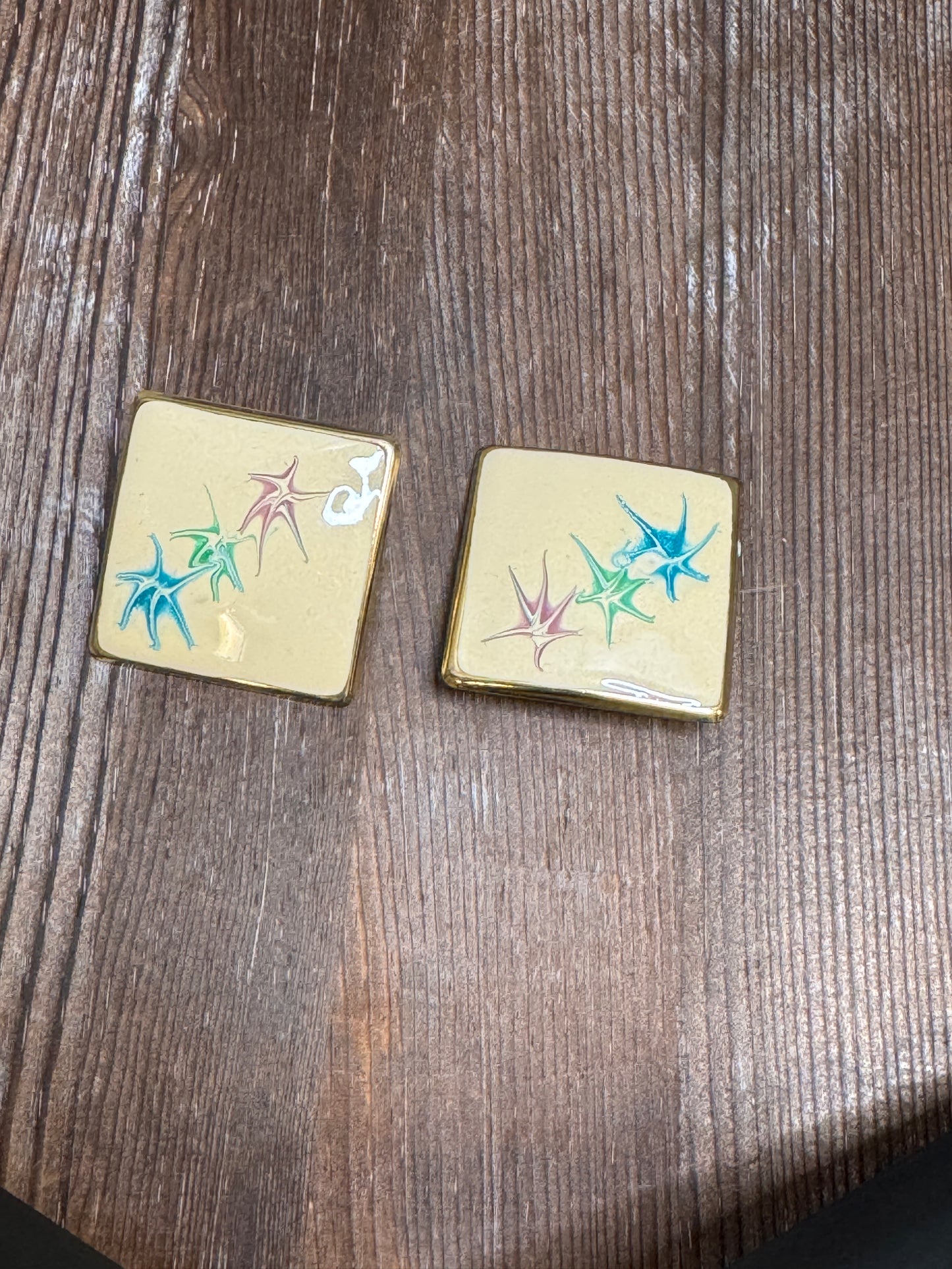 Vintage Atomic Starburst Enamel Square Earrings — 1980s Mod Revival