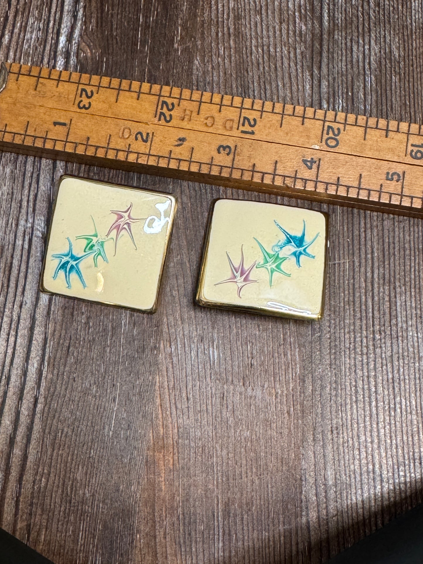 Vintage Atomic Starburst Enamel Square Earrings — 1980s Mod Revival