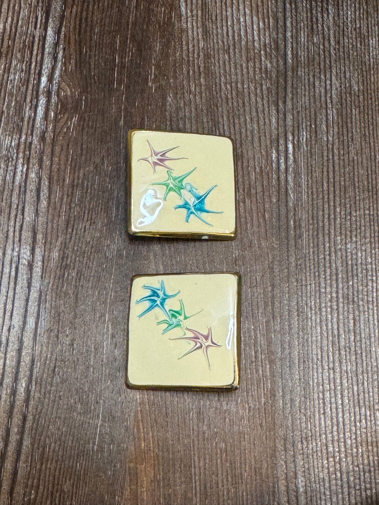 Vintage Atomic Starburst Enamel Square Earrings — 1980s Mod Revival