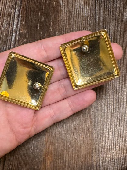 Vintage Atomic Starburst Enamel Square Earrings — 1980s Mod Revival