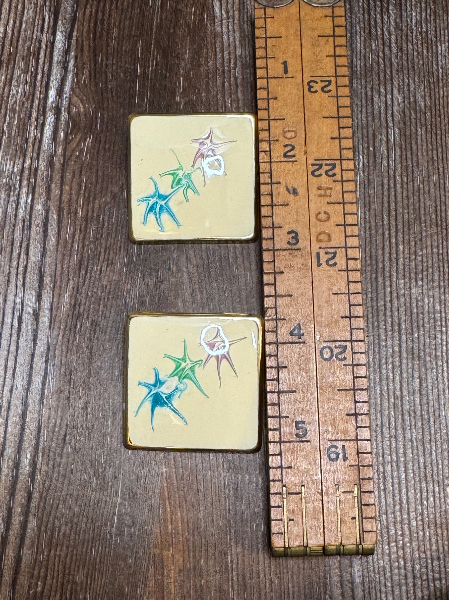 Vintage Atomic Starburst Enamel Square Earrings — 1980s Mod Revival