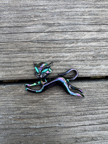 Vintage Iridescent Black Cat Pins – Halloween Brooch Set | Witchy Statement Jewelry