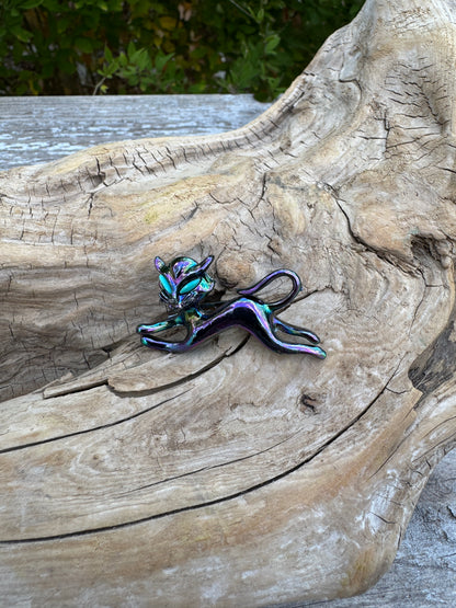 Vintage Iridescent Black Cat Pins – Halloween Brooch Set | Witchy Statement Jewelry