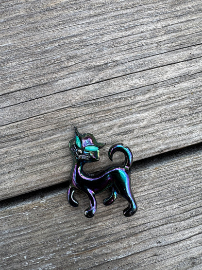 Vintage Iridescent Black Cat Pins – Halloween Brooch Set | Witchy Statement Jewelry