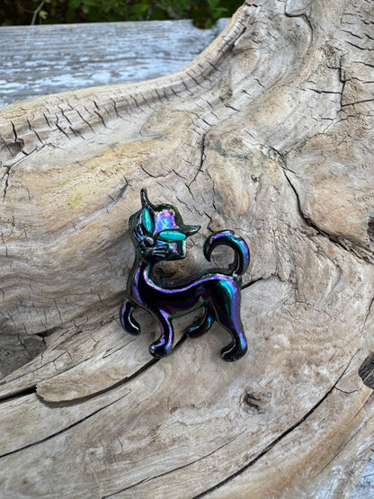 Vintage Iridescent Black Cat Pins – Halloween Brooch Set | Witchy Statement Jewelry