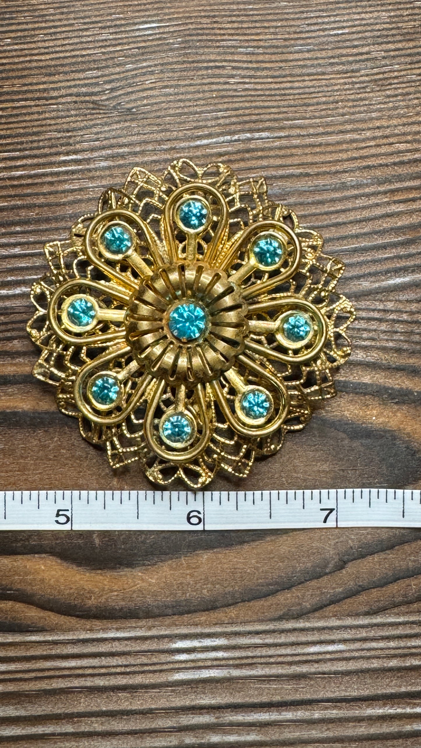 Vintage Filigree Aqua Blue Rhinestone Flower Brooch Pin Large