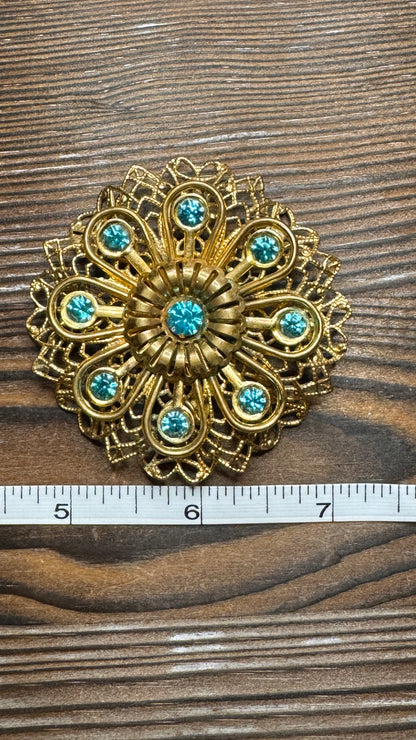 Vintage Filigree Aqua Blue Rhinestone Flower Brooch Pin Large