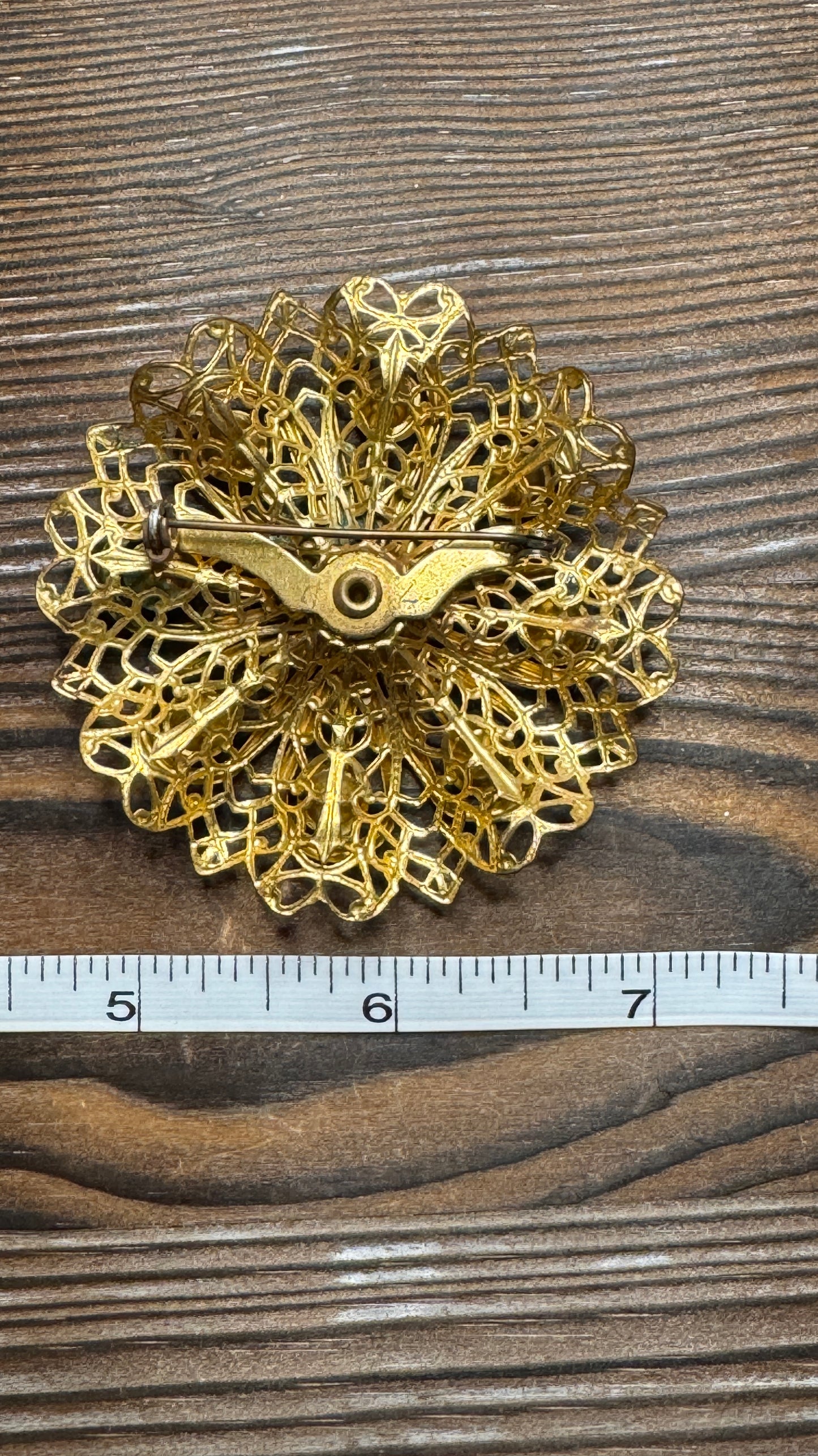 Vintage Filigree Aqua Blue Rhinestone Flower Brooch Pin Large