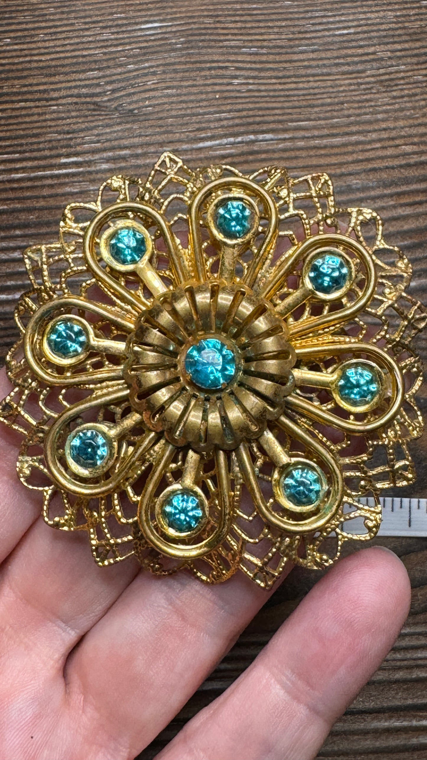 Vintage Filigree Aqua Blue Rhinestone Flower Brooch Pin Large