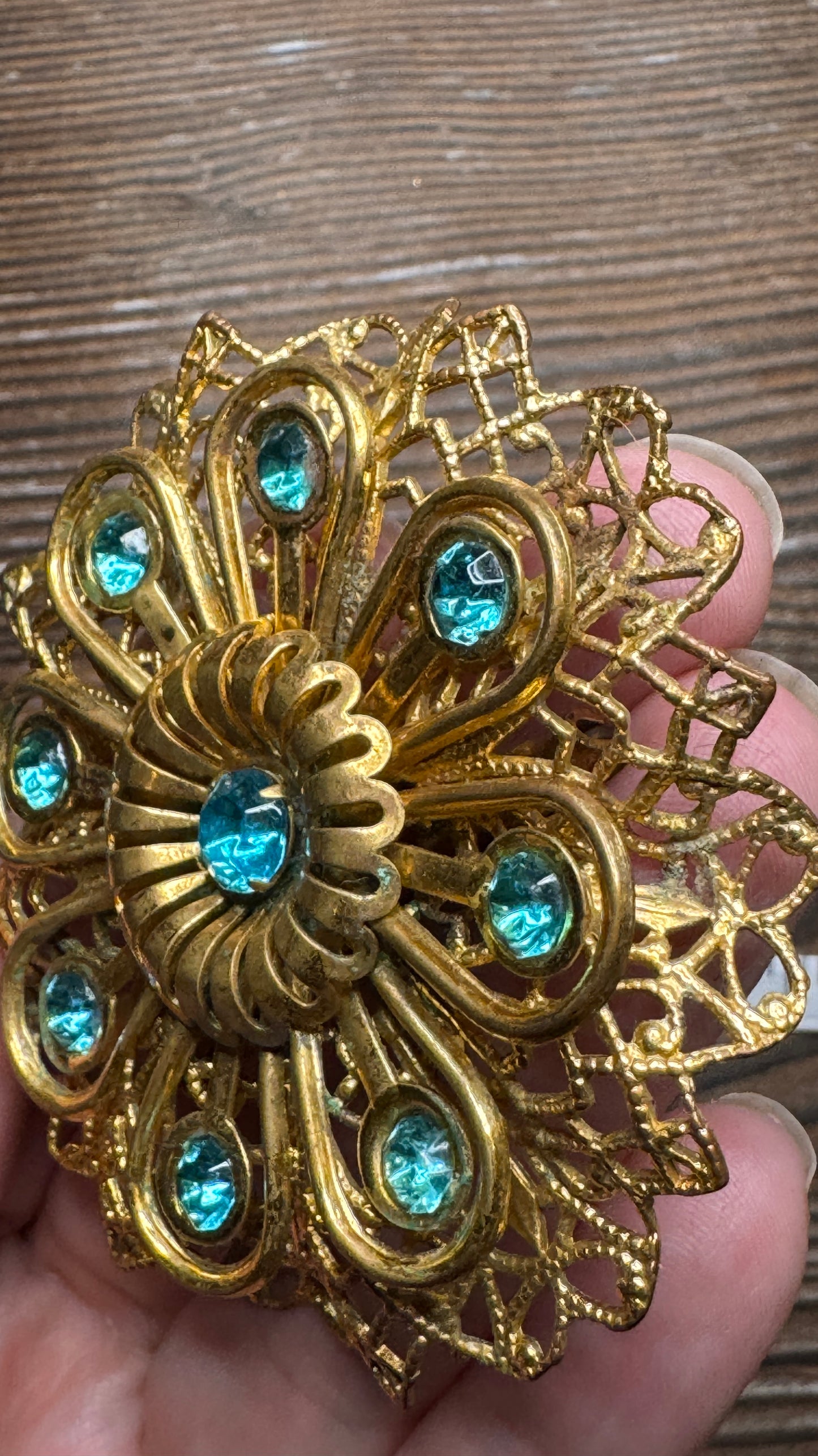 Vintage Filigree Aqua Blue Rhinestone Flower Brooch Pin Large