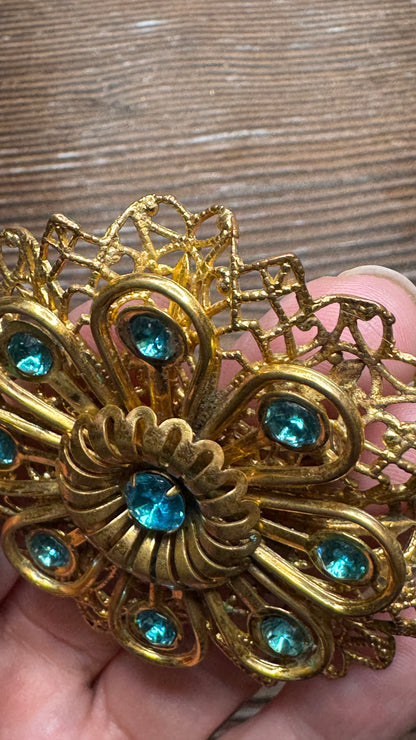 Vintage Filigree Aqua Blue Rhinestone Flower Brooch Pin Large