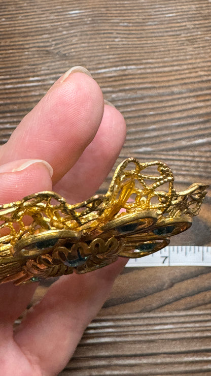 Vintage Filigree Aqua Blue Rhinestone Flower Brooch Pin Large