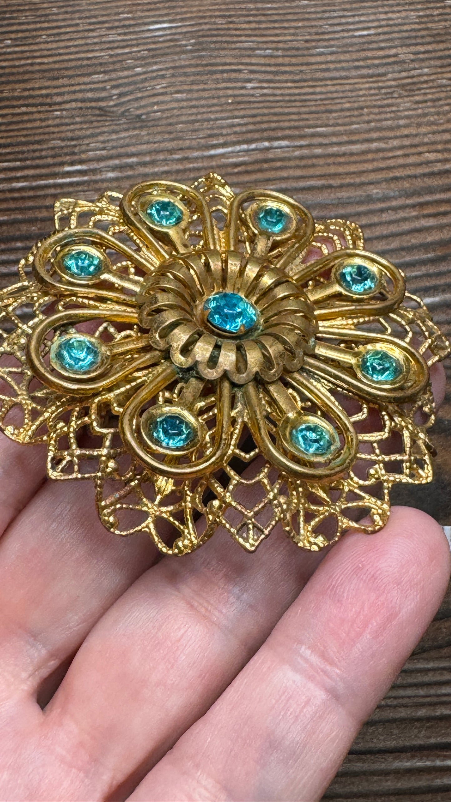 Vintage Filigree Aqua Blue Rhinestone Flower Brooch Pin Large