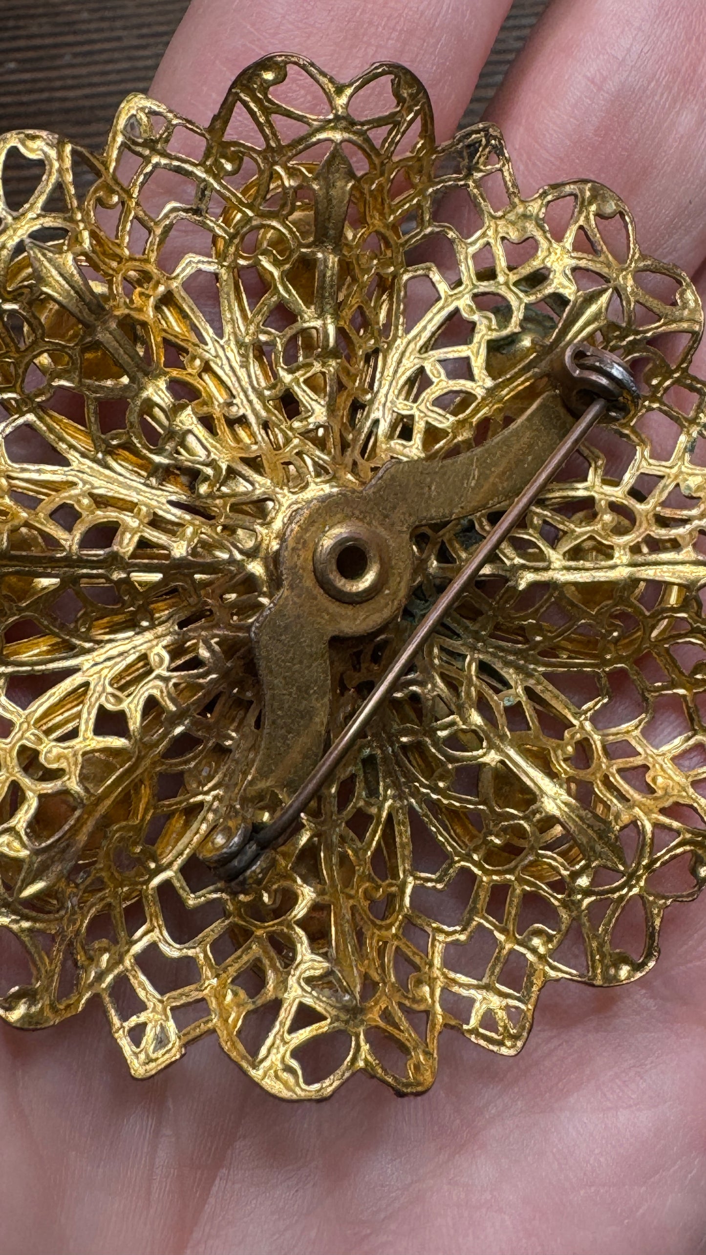 Vintage Filigree Aqua Blue Rhinestone Flower Brooch Pin Large