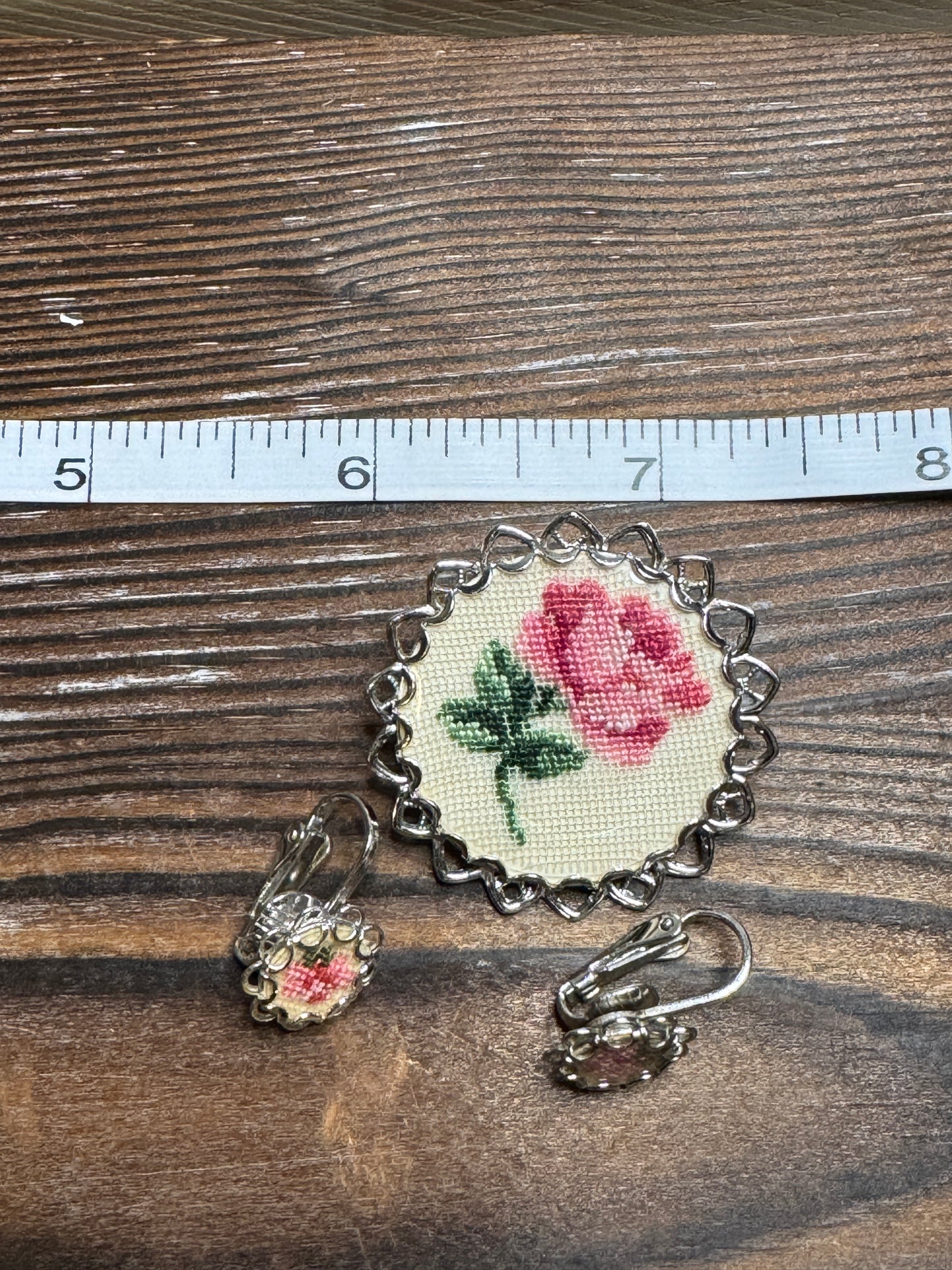 Vintage Petit Point Rose Brooch Earring Set Needlepoint Embroidered