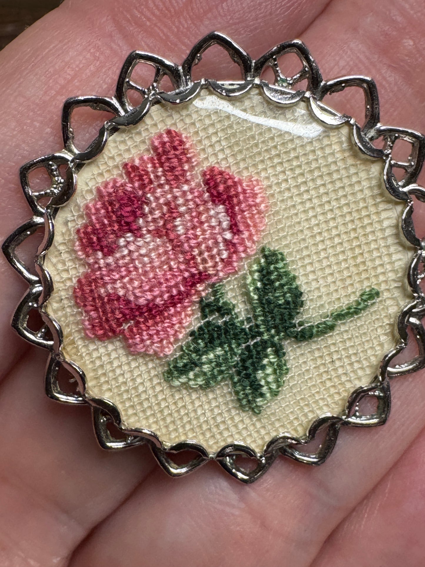 Vintage Petit Point Rose Brooch Earring Set Needlepoint Embroidered