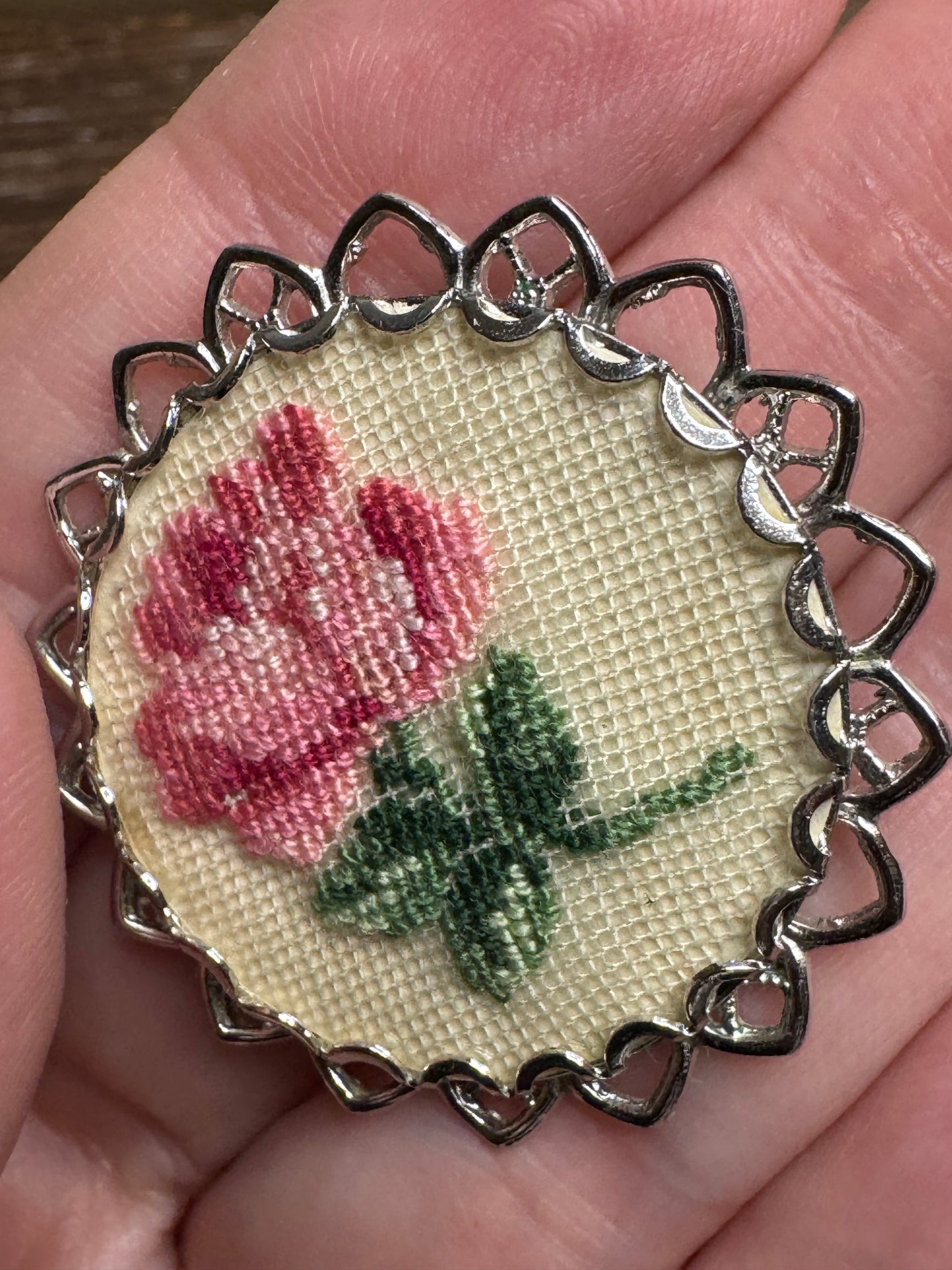 Vintage Petit Point Rose Brooch Earring Set Needlepoint Embroidered
