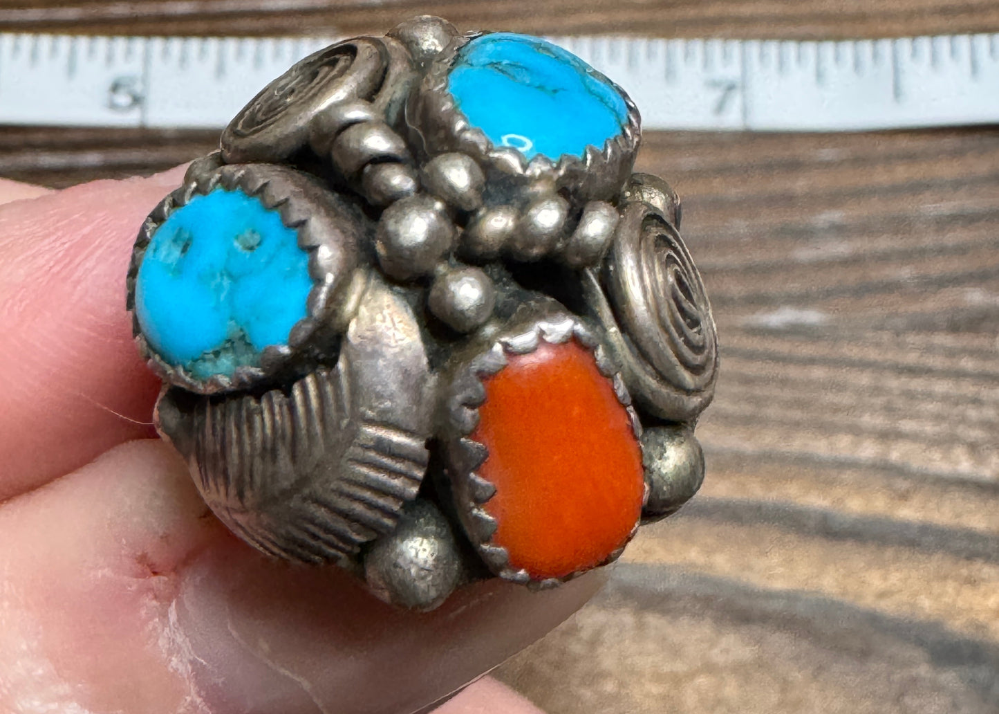 Vintage Native American Turquoise Coral Sterling Ring Cluster Size 8.5